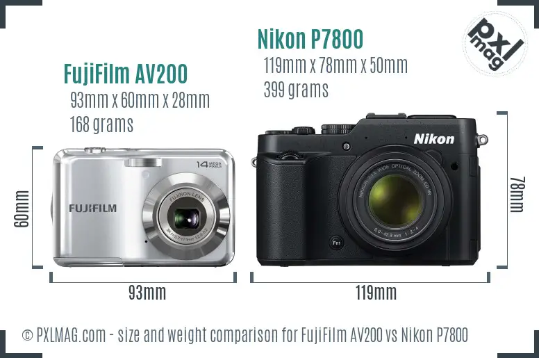 FujiFilm AV200 vs Nikon P7800 size comparison