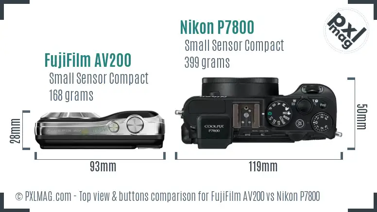 FujiFilm AV200 vs Nikon P7800 top view buttons comparison