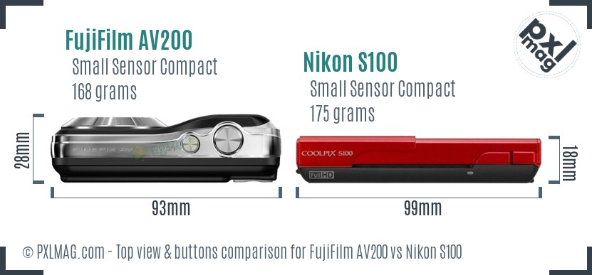 FujiFilm AV200 vs Nikon S100 top view buttons comparison