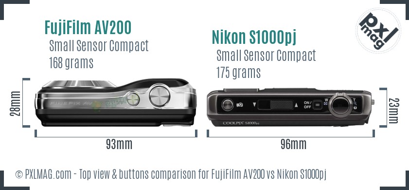 FujiFilm AV200 vs Nikon S1000pj top view buttons comparison
