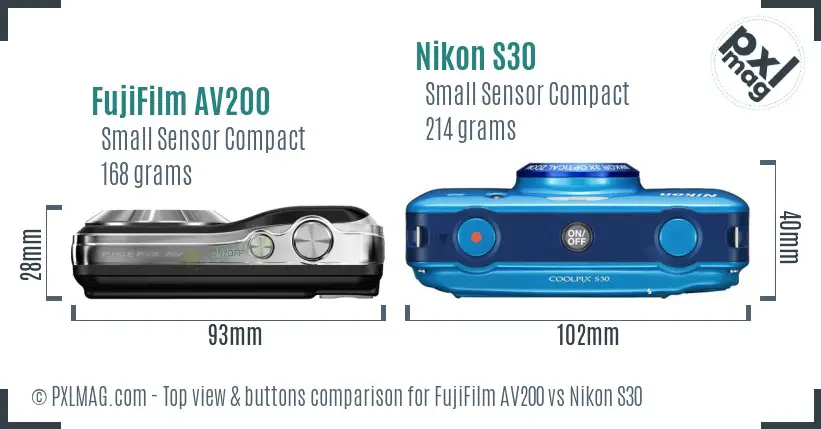 FujiFilm AV200 vs Nikon S30 top view buttons comparison FujiFilm AV200 vs Nikon S30 top view buttons comparison