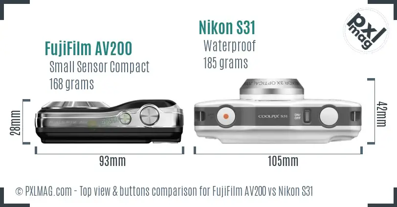FujiFilm AV200 vs Nikon S31 top view buttons comparison