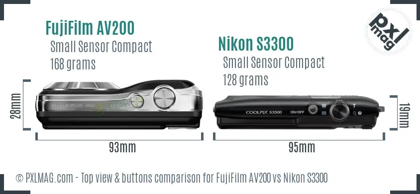 FujiFilm AV200 vs Nikon S3300 top view buttons comparison
