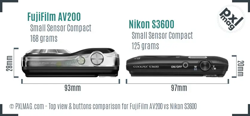 FujiFilm AV200 vs Nikon S3600 top view buttons comparison