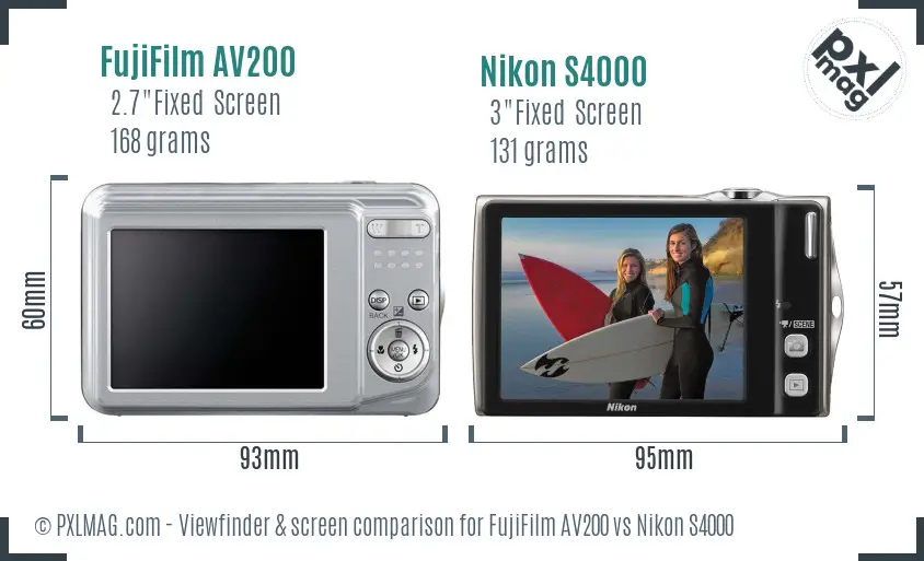 FujiFilm AV200 vs Nikon S4000 Screen and Viewfinder comparison