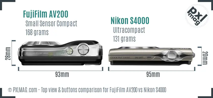 FujiFilm AV200 vs Nikon S4000 top view buttons comparison