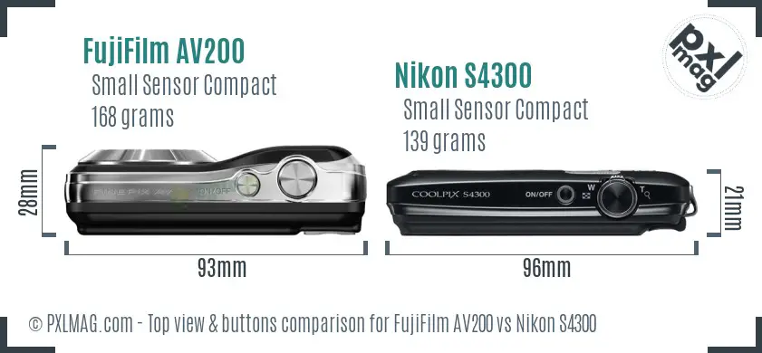 FujiFilm AV200 vs Nikon S4300 top view buttons comparison FujiFilm AV200 vs Nikon S4300 top view buttons comparison
