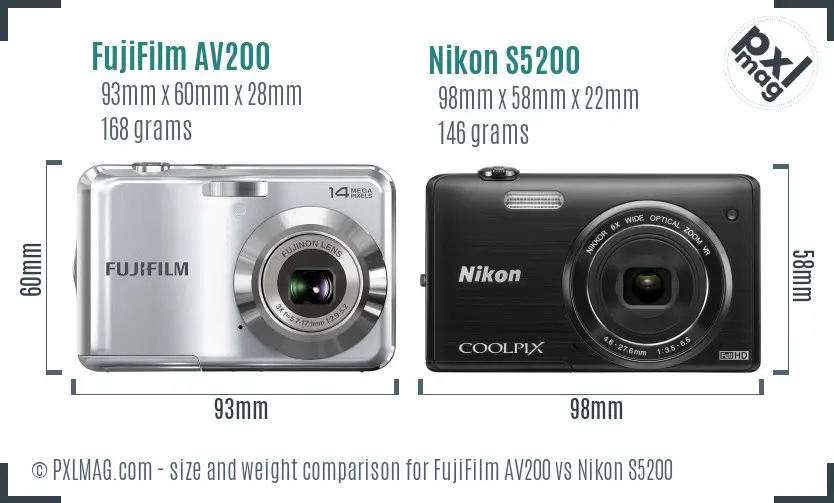 FujiFilm AV200 vs Nikon S5200 size comparison