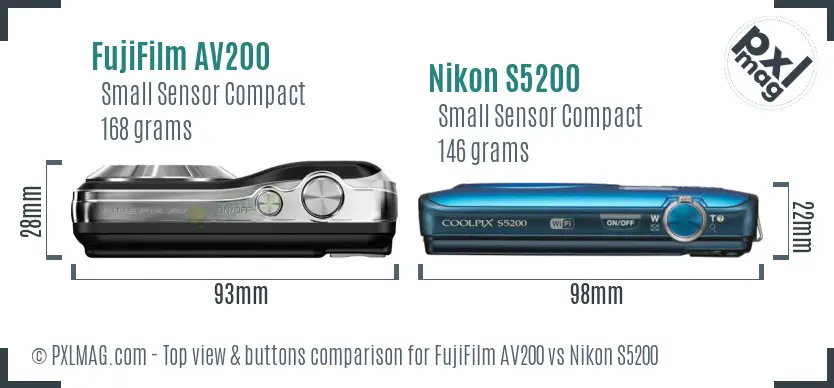 FujiFilm AV200 vs Nikon S5200 top view buttons comparison