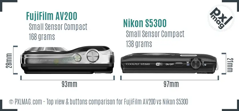 FujiFilm AV200 vs Nikon S5300 top view buttons comparison FujiFilm AV200 vs Nikon S5300 top view buttons comparison