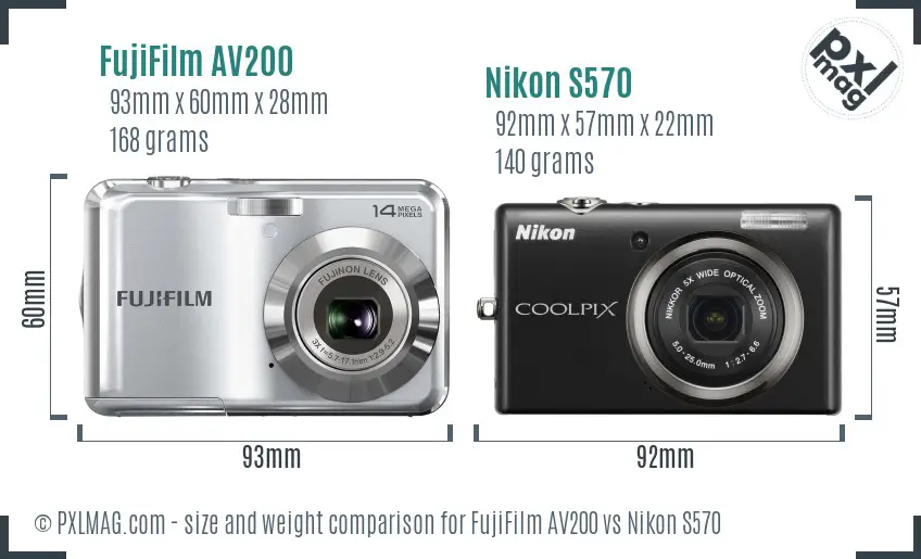 FujiFilm AV200 vs Nikon S570 size comparison