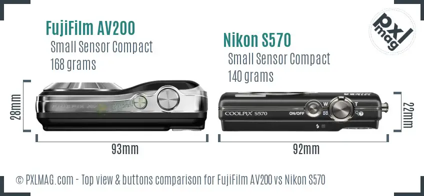 FujiFilm AV200 vs Nikon S570 top view buttons comparison