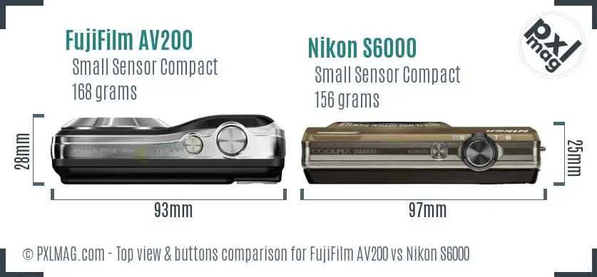 FujiFilm AV200 vs Nikon S6000 top view buttons comparison