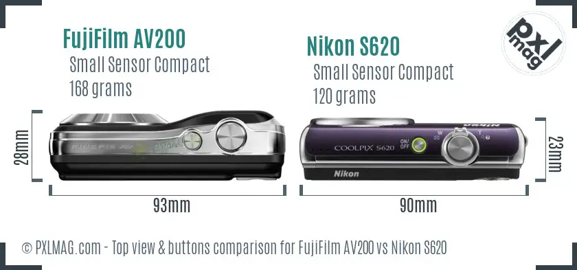 FujiFilm AV200 vs Nikon S620 top view buttons comparison FujiFilm AV200 vs Nikon S620 top view buttons comparison