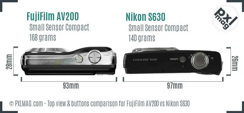FujiFilm AV200 vs Nikon S630 top view buttons comparison