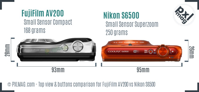 FujiFilm AV200 vs Nikon S6500 top view buttons comparison