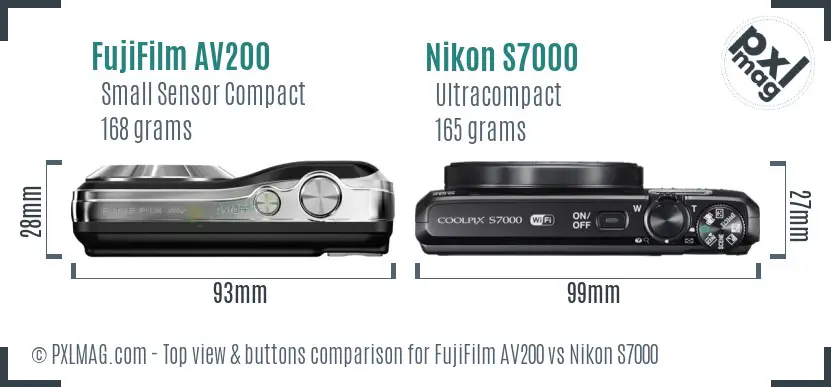 FujiFilm AV200 vs Nikon S7000 top view buttons comparison FujiFilm AV200 vs Nikon S7000 top view buttons comparison
