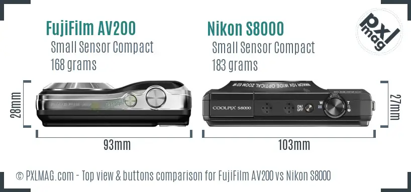 FujiFilm AV200 vs Nikon S8000 top view buttons comparison