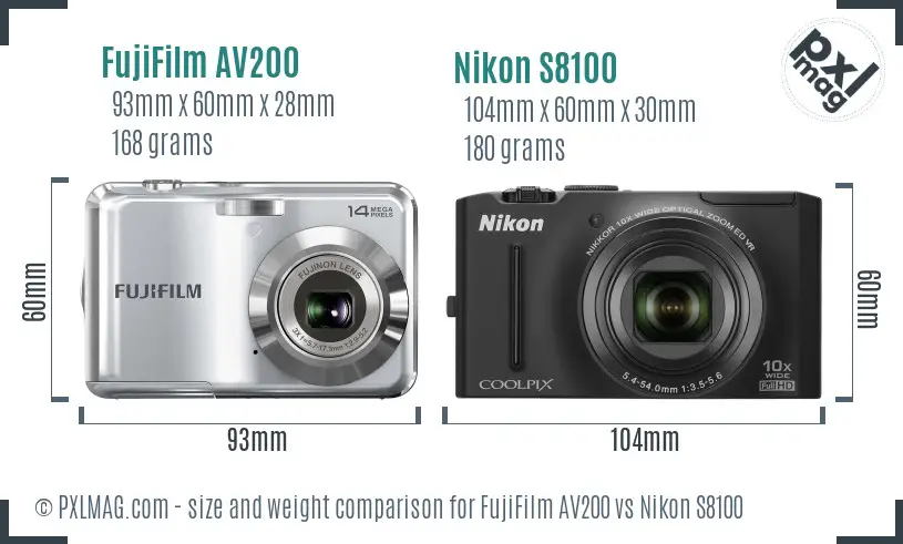 FujiFilm AV200 vs Nikon S8100 size comparison
