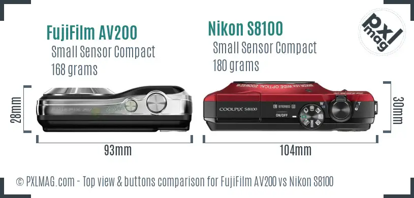 FujiFilm AV200 vs Nikon S8100 top view buttons comparison