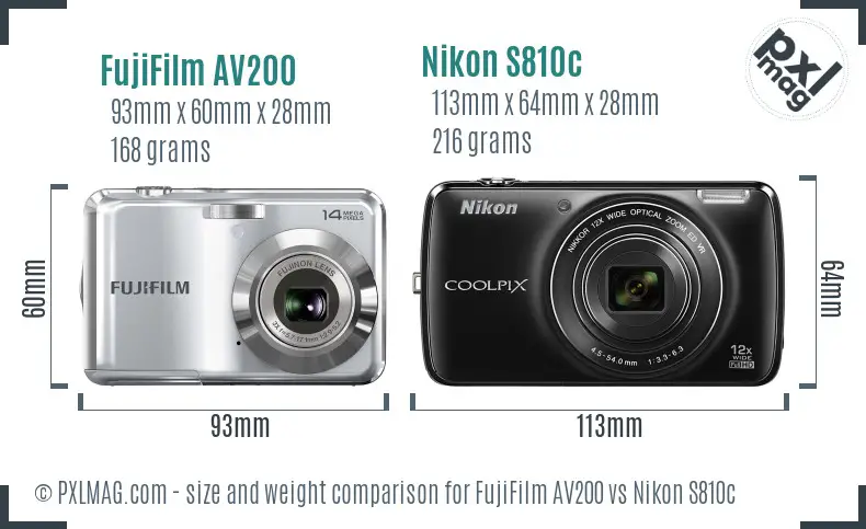 FujiFilm AV200 vs Nikon S810c size comparison