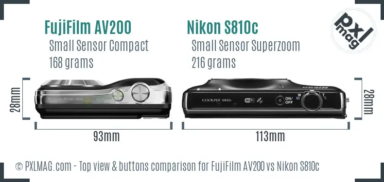 FujiFilm AV200 vs Nikon S810c top view buttons comparison
