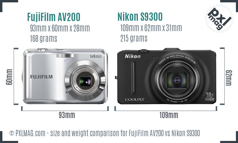 FujiFilm AV200 vs Nikon S9300 size comparison