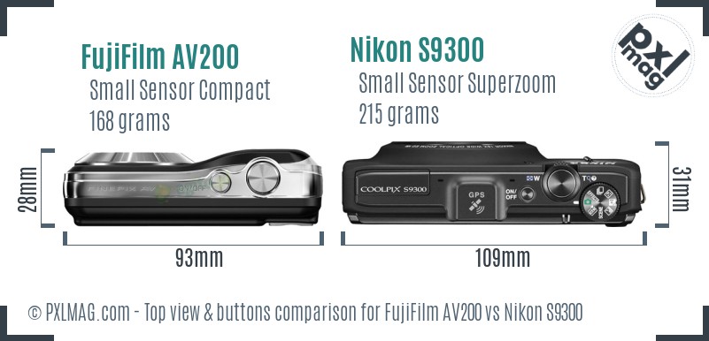 FujiFilm AV200 vs Nikon S9300 top view buttons comparison