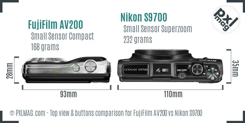 FujiFilm AV200 vs Nikon S9700 top view buttons comparison