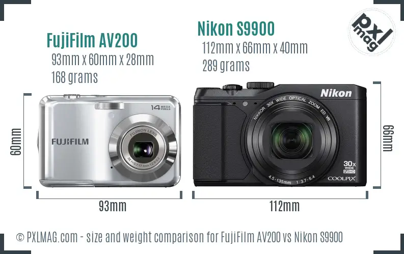 FujiFilm AV200 vs Nikon S9900 size comparison