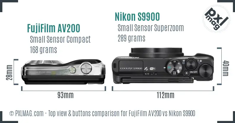 FujiFilm AV200 vs Nikon S9900 top view buttons comparison