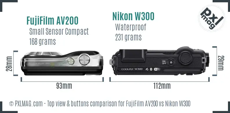 FujiFilm AV200 vs Nikon W300 top view buttons comparison