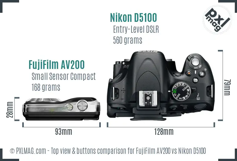 FujiFilm AV200 vs Nikon D5100 top view buttons comparison FujiFilm AV200 vs Nikon D5100 top view buttons comparison