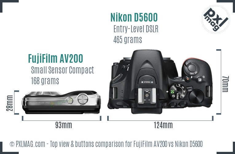 FujiFilm AV200 vs Nikon D5600 top view buttons comparison