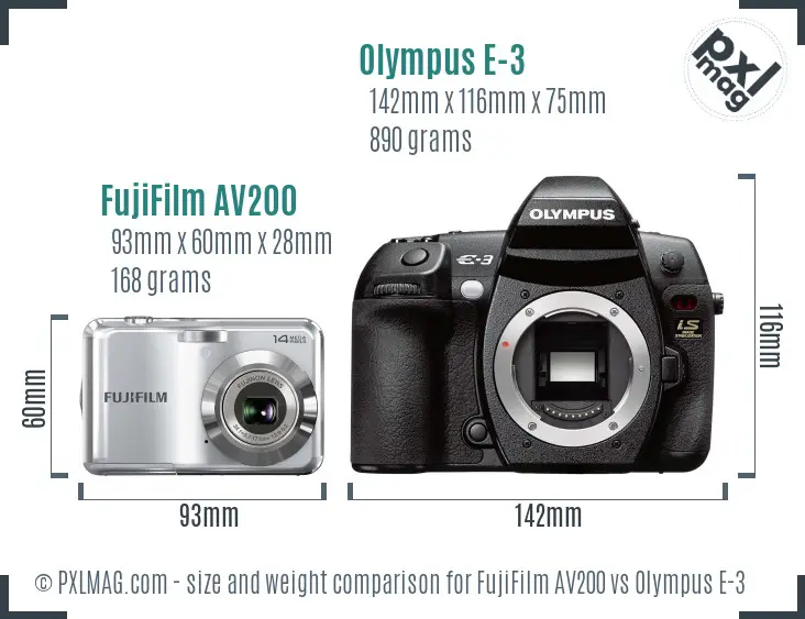 FujiFilm AV200 vs Olympus E-3 size comparison