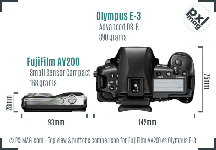 FujiFilm AV200 vs Olympus E-3 top view buttons comparison