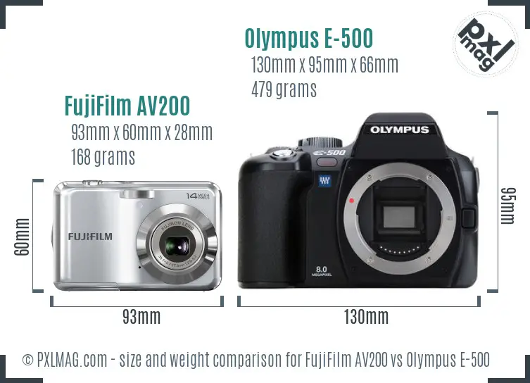 FujiFilm AV200 vs Olympus E-500 size comparison