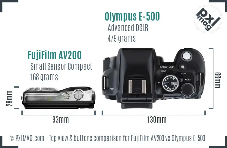 FujiFilm AV200 vs Olympus E-500 top view buttons comparison