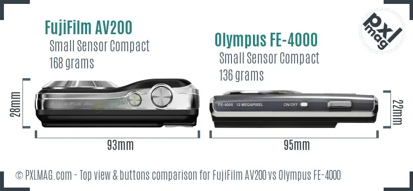 FujiFilm AV200 vs Olympus FE-4000 top view buttons comparison FujiFilm AV200 vs Olympus FE-4000 top view buttons comparison
