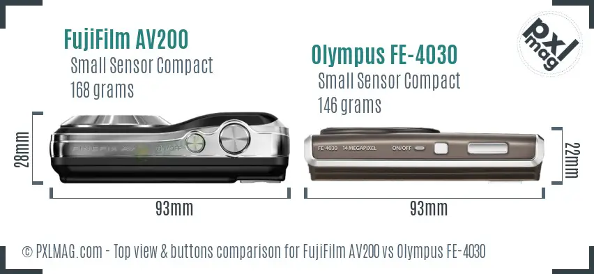 FujiFilm AV200 vs Olympus FE-4030 top view buttons comparison FujiFilm AV200 vs Olympus FE-4030 top view buttons comparison