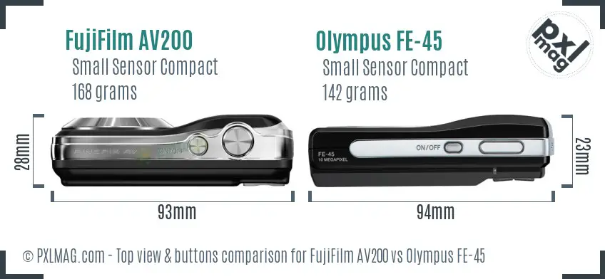 FujiFilm AV200 vs Olympus FE-45 top view buttons comparison FujiFilm AV200 vs Olympus FE-45 top view buttons comparison