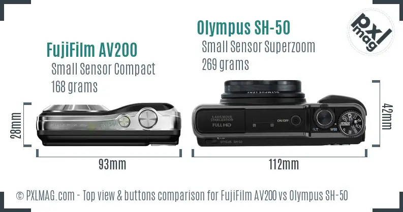 FujiFilm AV200 vs Olympus SH-50 top view buttons comparison FujiFilm AV200 vs Olympus SH-50 top view buttons comparison