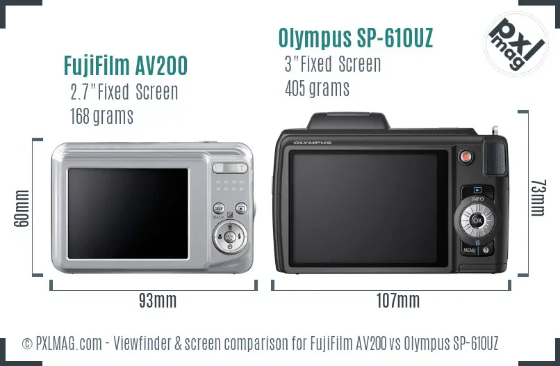 FujiFilm AV200 vs Olympus SP-610UZ Screen and Viewfinder comparison
