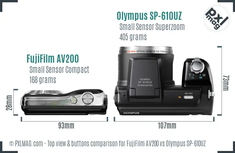 FujiFilm AV200 vs Olympus SP-610UZ top view buttons comparison