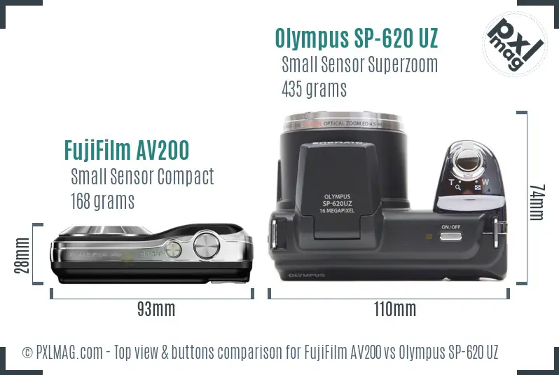 FujiFilm AV200 vs Olympus SP-620 UZ top view buttons comparison