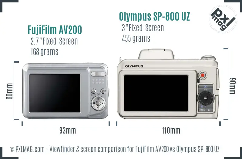 FujiFilm AV200 vs Olympus SP-800 UZ Screen and Viewfinder comparison