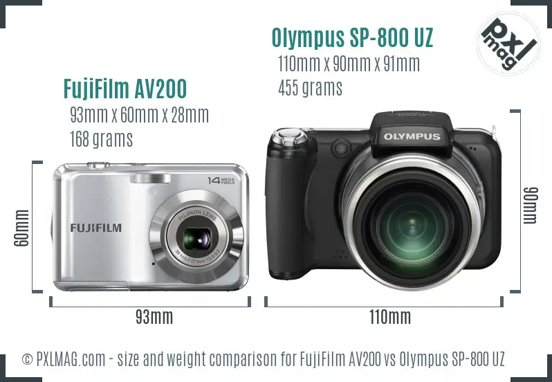 FujiFilm AV200 vs Olympus SP-800 UZ size comparison