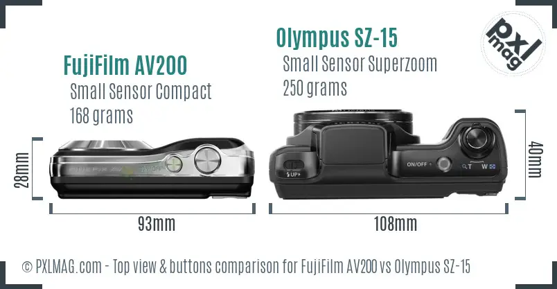 FujiFilm AV200 vs Olympus SZ-15 top view buttons comparison