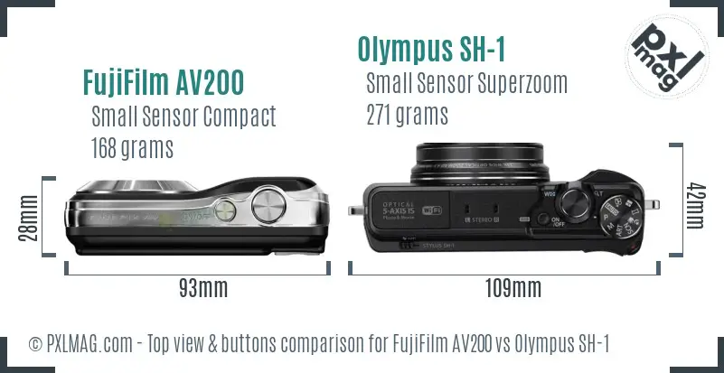 FujiFilm AV200 vs Olympus SH-1 top view buttons comparison