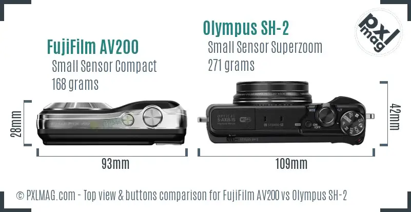 FujiFilm AV200 vs Olympus SH-2 top view buttons comparison